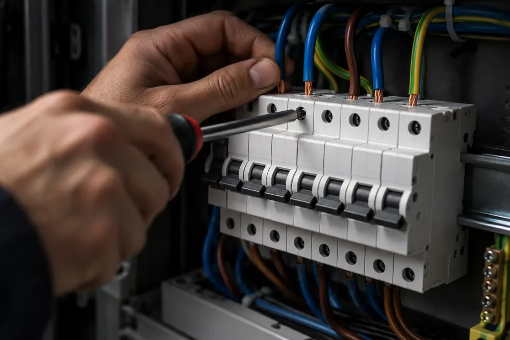 Mãos de eletricista a apertar um terminal num quadro elétrico com fila de disjuntores.